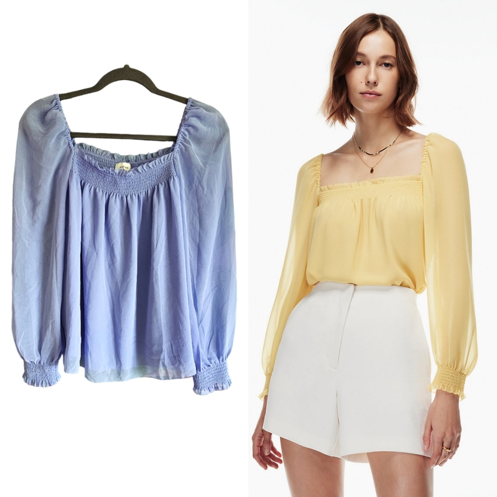 Aritzia Wilfred ALANA BLOUSE Chiffon Smocked Square Neckline Size S